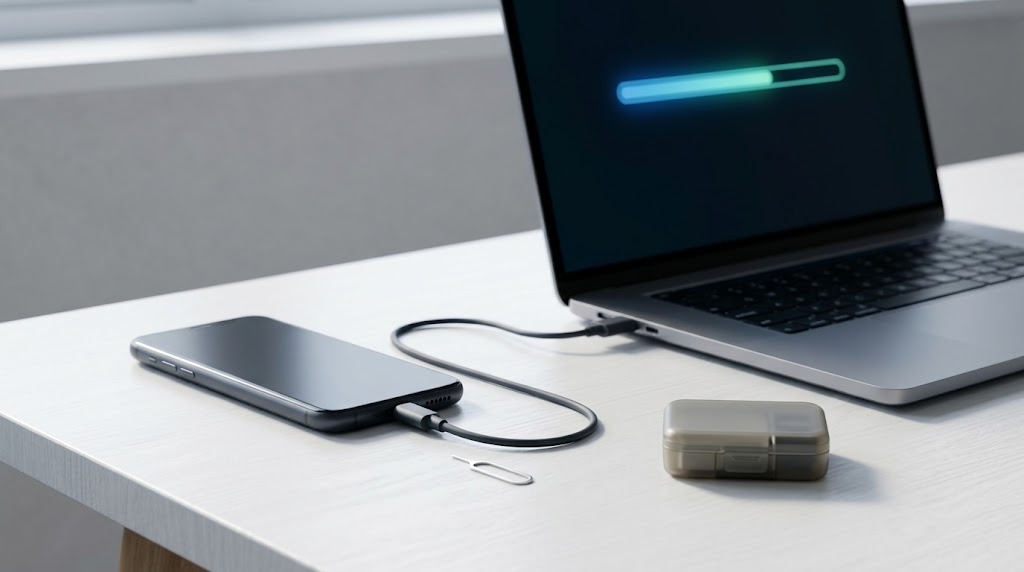 手機回收前先備份:手機以傳輸線接上筆電備份資料的示意圖
