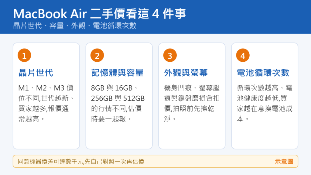 MacBook Air 二手價由晶片世代、記憶體容量、外觀與電池循環次數四項因素決定示意圖